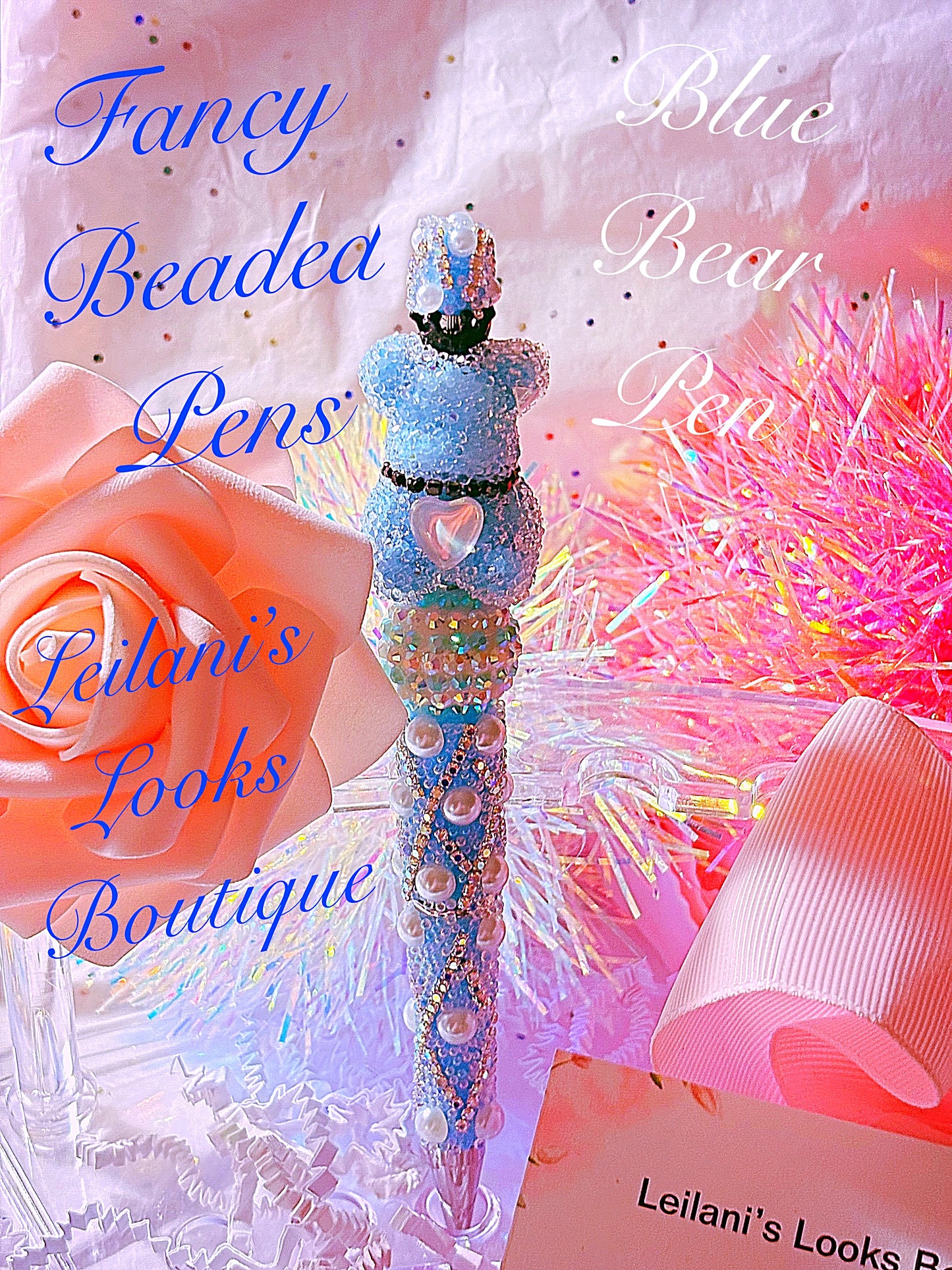 Beaded fancy pen/blue glittery bear/blue beads/pearl pen/turquoise pen/gifts/