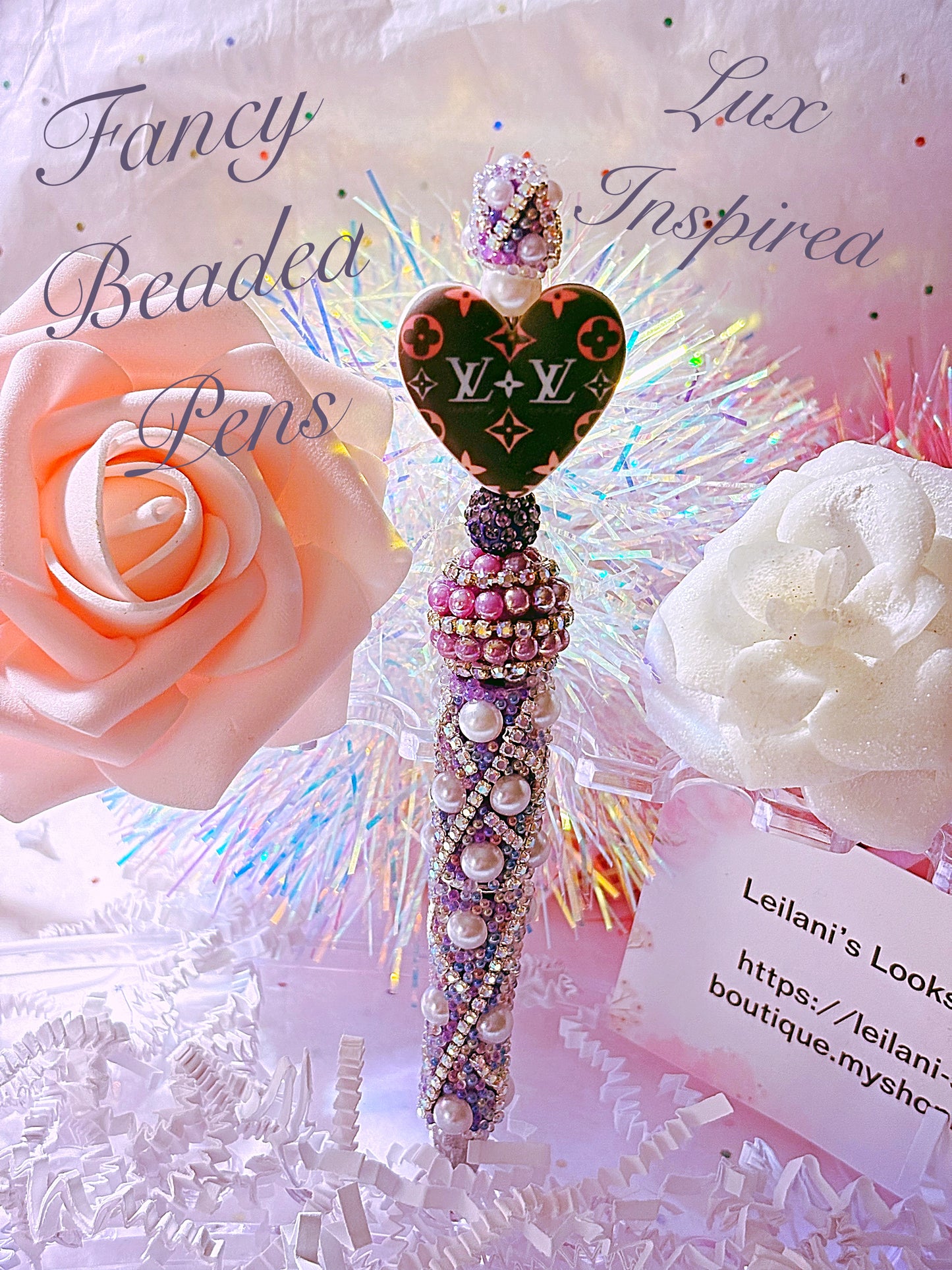 Beaded fancy LV inspired pen/multicolor heart/ purple beads/gift ideas