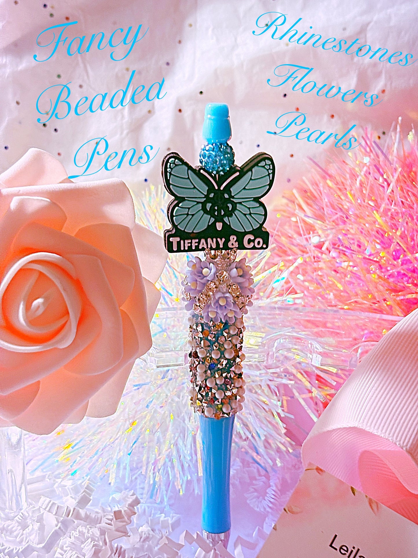 Beaded fancy pen/turquoise butterfly/gifts ideas/Flower beads/turquoise beads/tiffany and co/