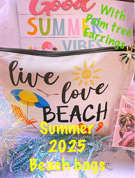 Beach survival bags/ makeup bag / cosmetic bag/ Beach bag / palm tree earrings/ summer