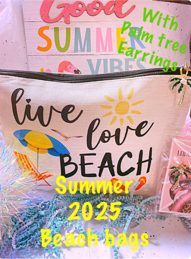 Beach survival bags/ makeup bag / cosmetic bag/ Beach bag / palm tree earrings/ summer