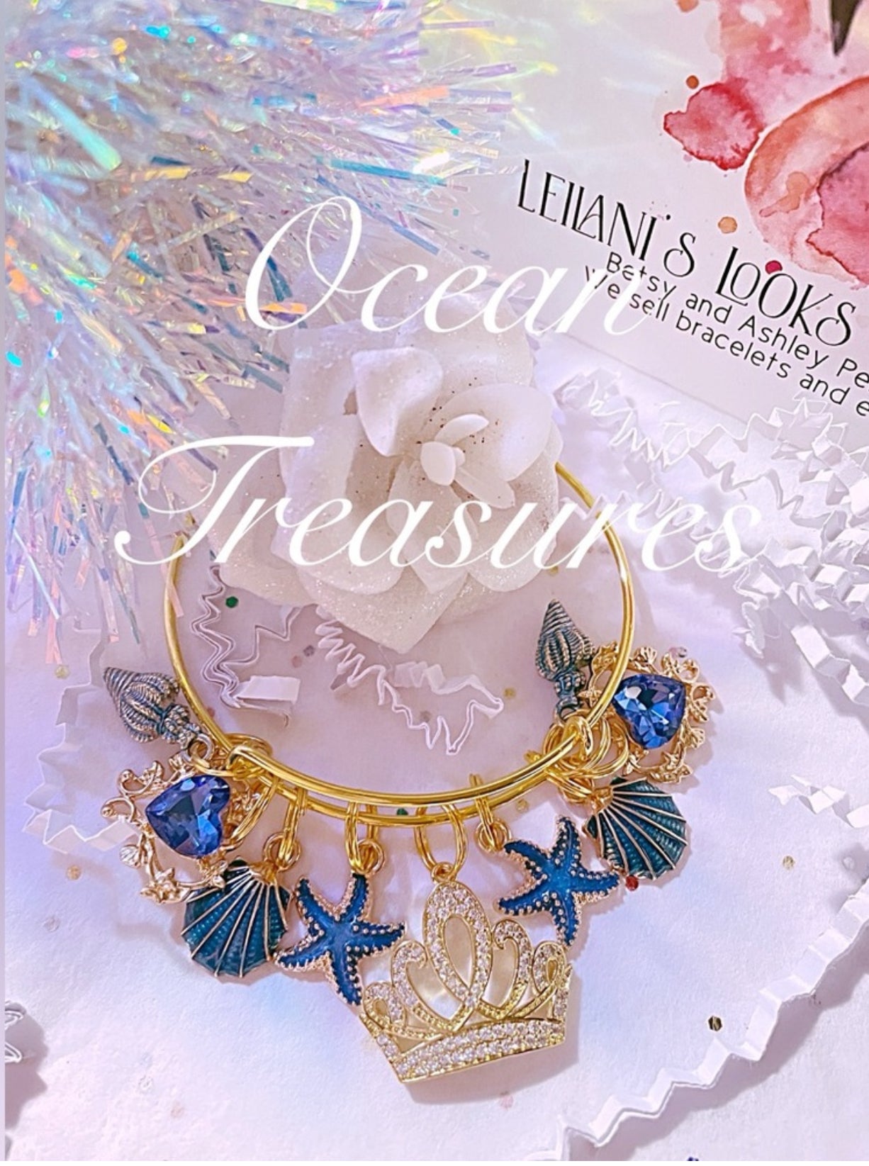 Summer Gold charm bangle bracelet/Tropical bangle/blue shell bangle