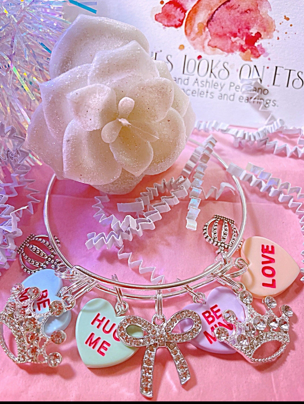 Women’s silver love hearts and rhinestone charm bangle bracelet/silver bangle/