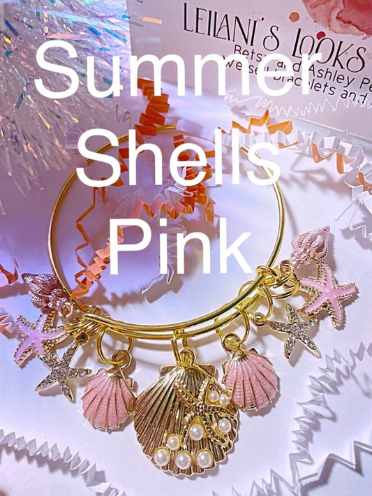 Summer Gold charm bangle bracelet/ shell bracelet/ Tropical bangle/pink shell