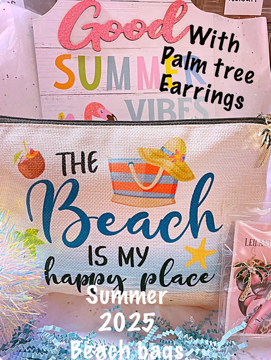 Beach survival bags/ makeup bag / cosmetic bag/ Beach bag / palm tree earrings/ summer