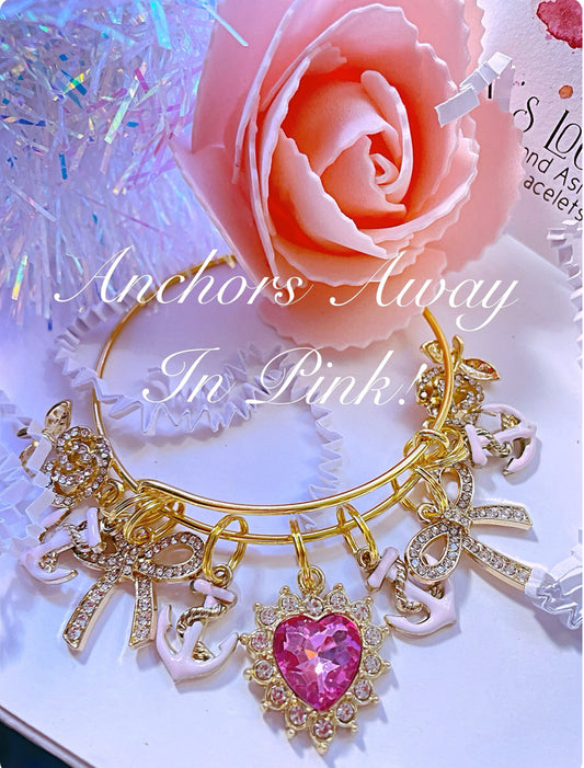 Anchor gold charm bangle bracelet with link anchors, summer bangle , pink anchors