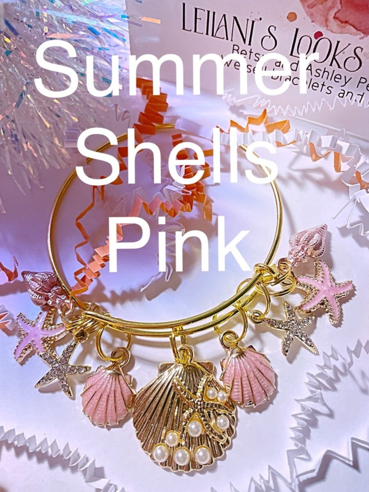 Summer Gold charm bangle bracelet/ shell bracelet/ Tropical bangle/pink shell
