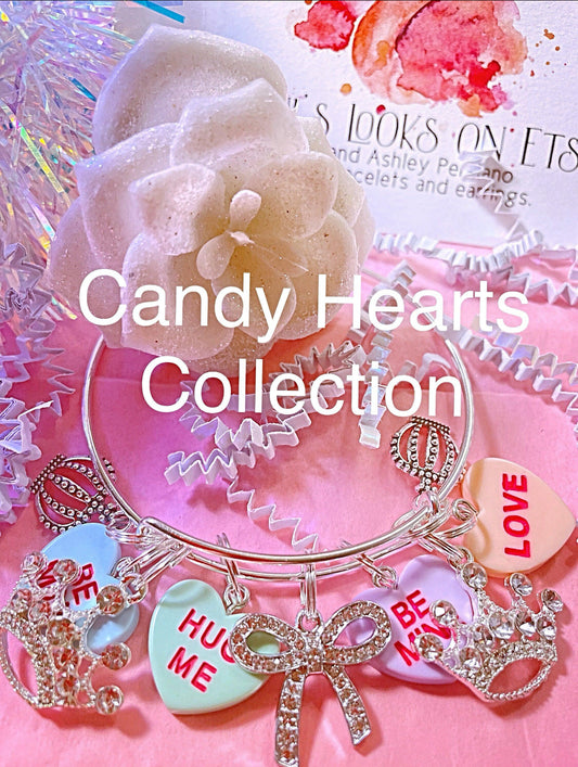 Women’s silver love hearts and rhinestone charm bangle bracelet/silver bangle/