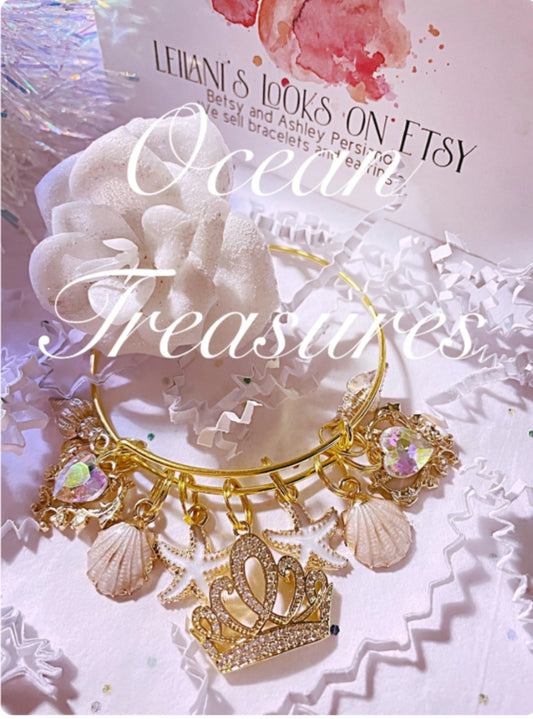 Summer Gold charm bangle bracelet/ shell bracelet/ Tropical bangle/ white shell bangle