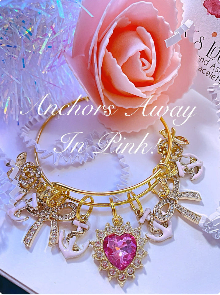 Anchor gold charm bangle bracelet with link anchors, summer bangle , pink anchors