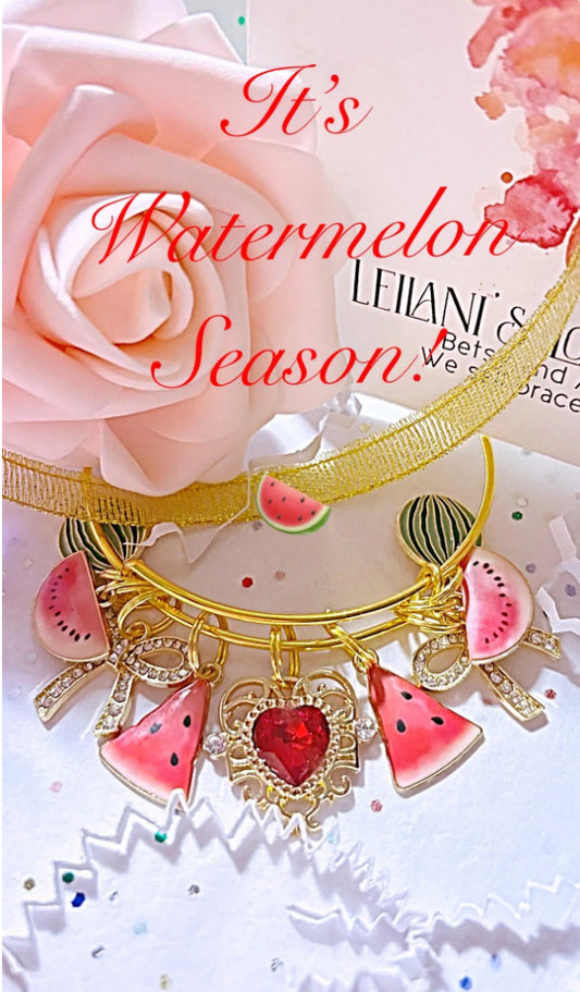 watermelon  gold charm bangle bracelet, summer fruit, red watermelon  ,summer bangle