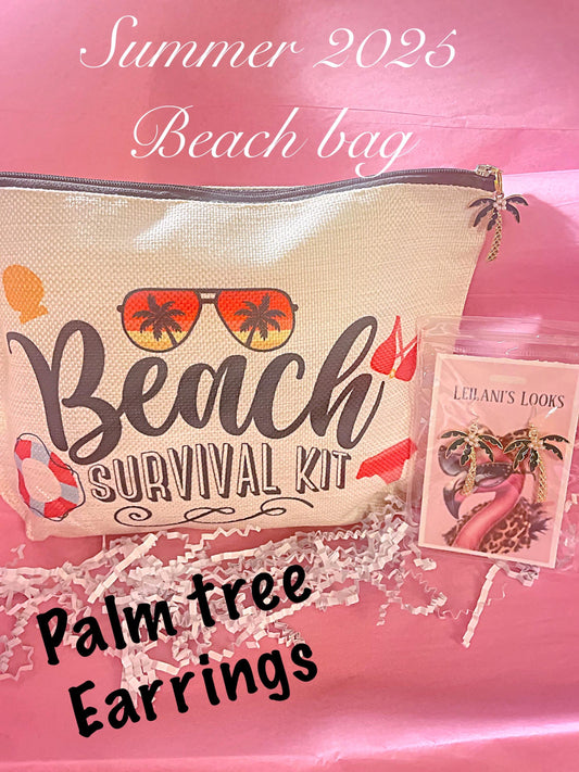 Beach survival bags/ makeup bag / cosmetic bag/ Beach bag / palm tree earrings/ summer