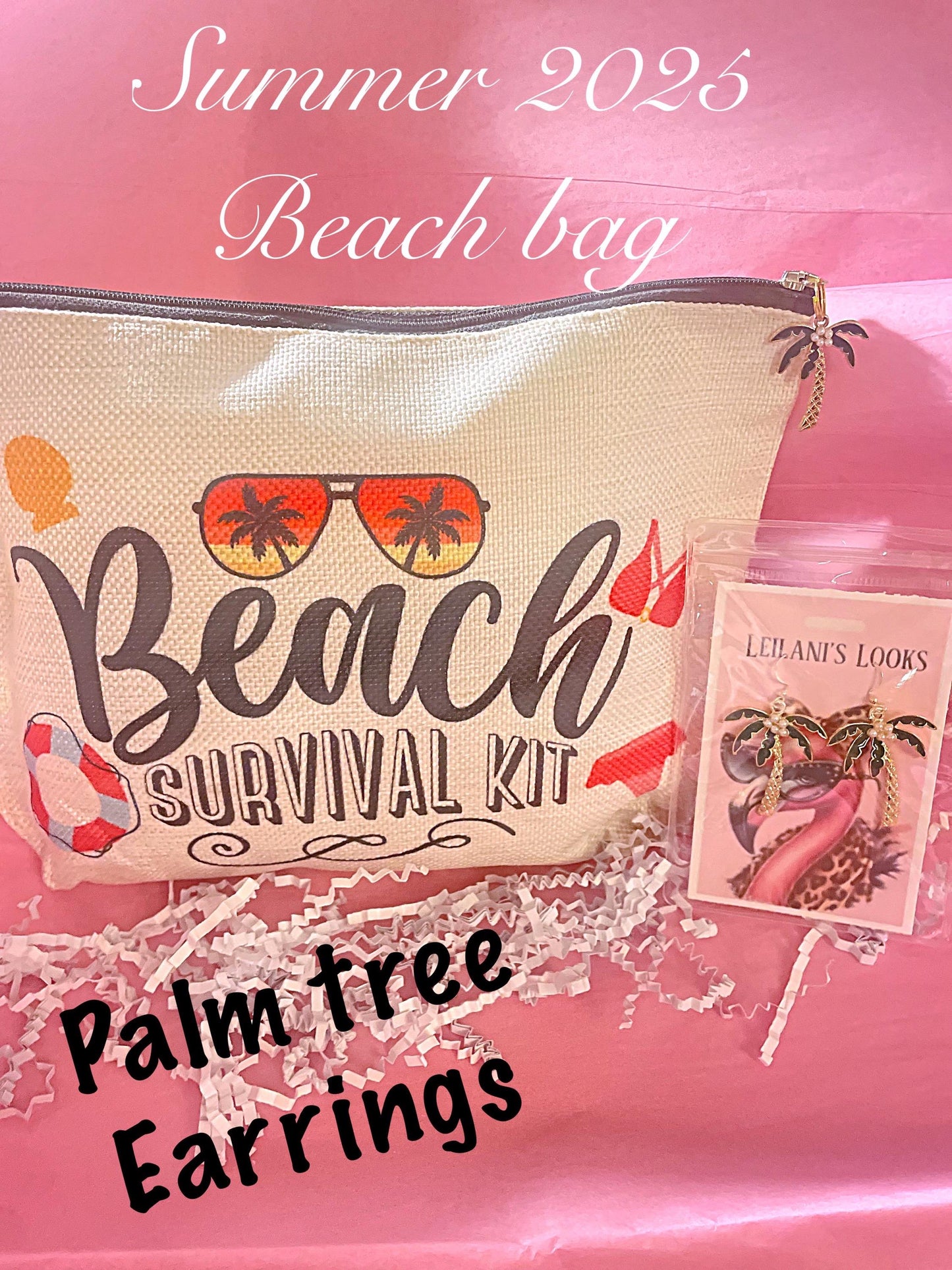 Beach survival bags/ makeup bag / cosmetic bag/ Beach bag / palm tree earrings/ summer