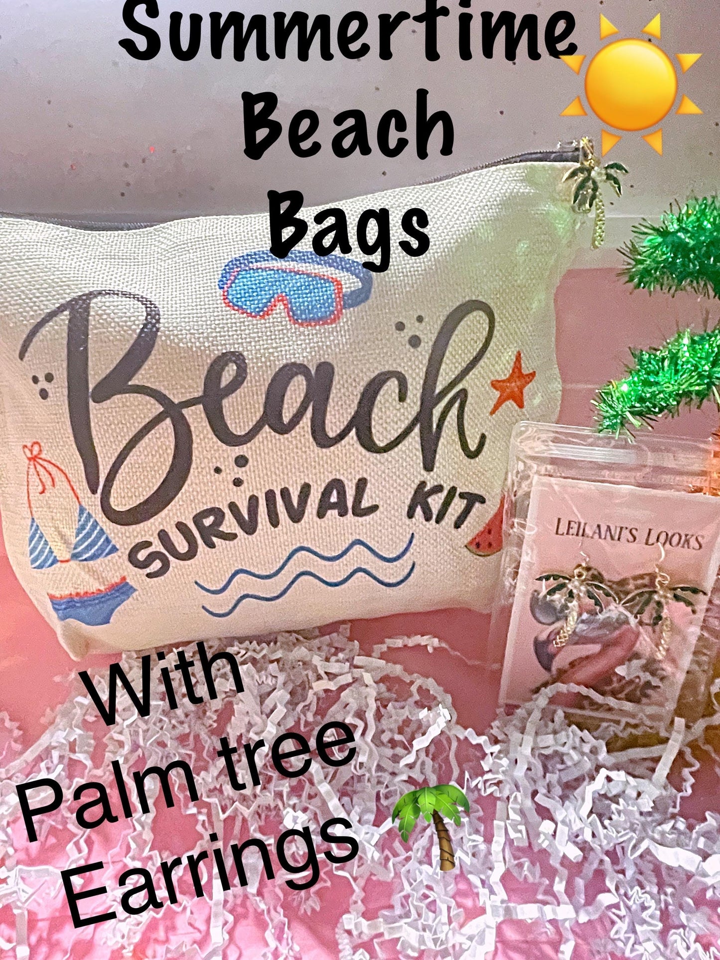 Beach survival bags/ makeup bag / cosmetic bag/ Beach bag / palm tree earrings/ summer