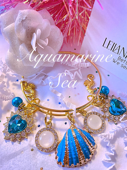 Summer Gold charm bangle bracelet/ shell bracelet, Tropical bangle,  blue shell seashells,