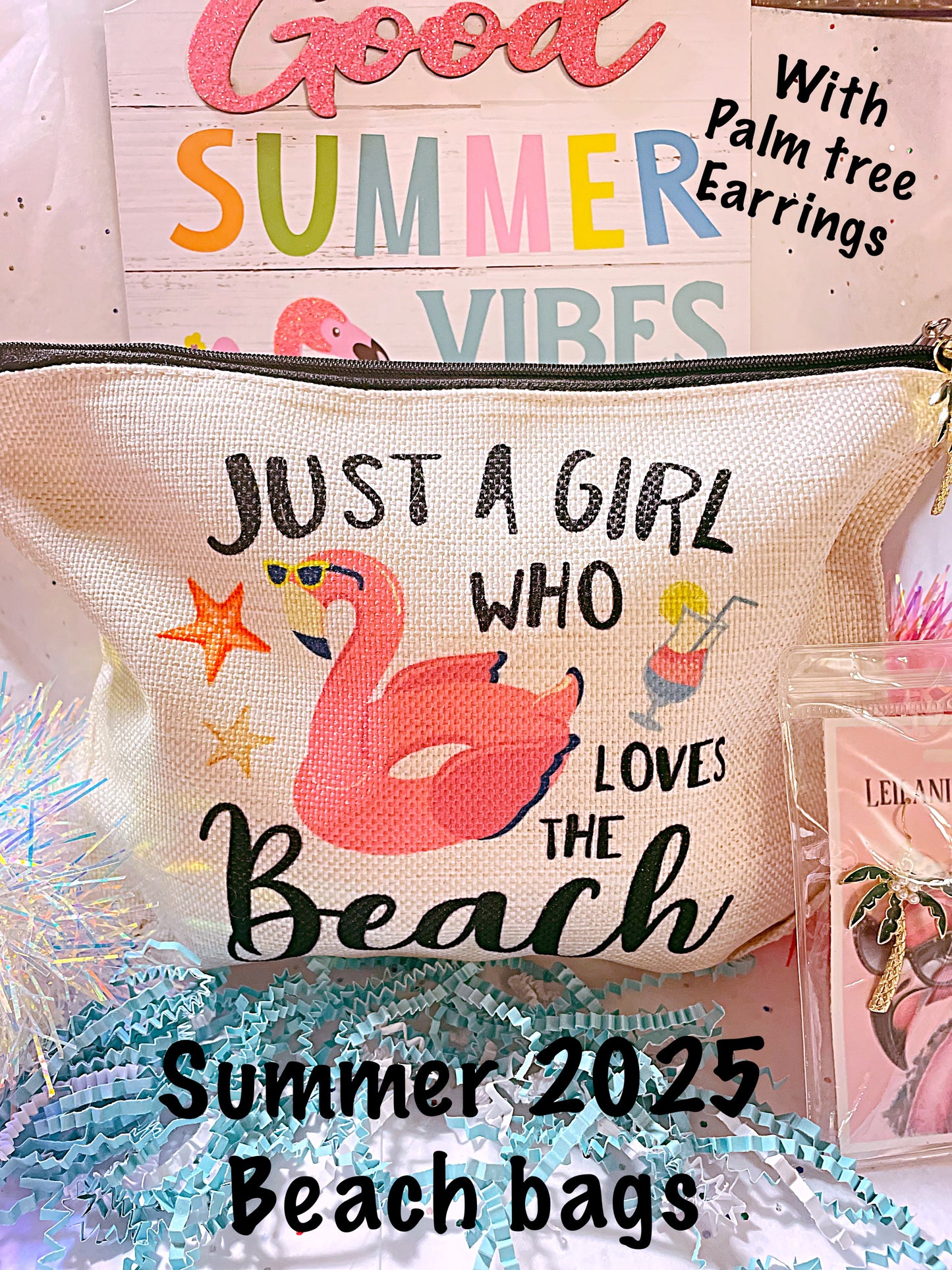 Beach survival bags/ makeup bag / cosmetic bag/ palm tree  earrings