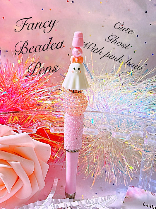 Beaded Ghost Pen with Pink Bow