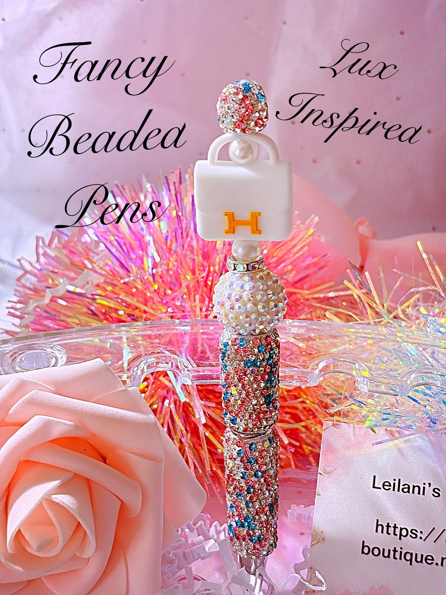 Beaded Fancy Beaded Pens,white purse,Fancy pens, Acrylic beads, rhinestones pens, journal pens, gift ideas/silver beads