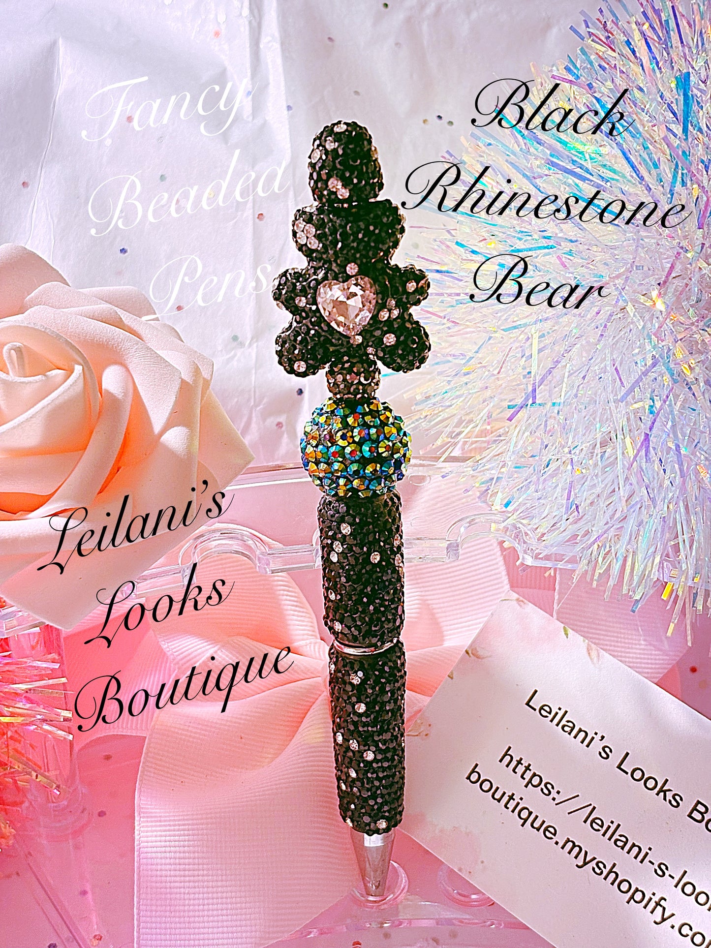 Beaded fancy pen/black rhinestone bear/pink crystal heart/gifts