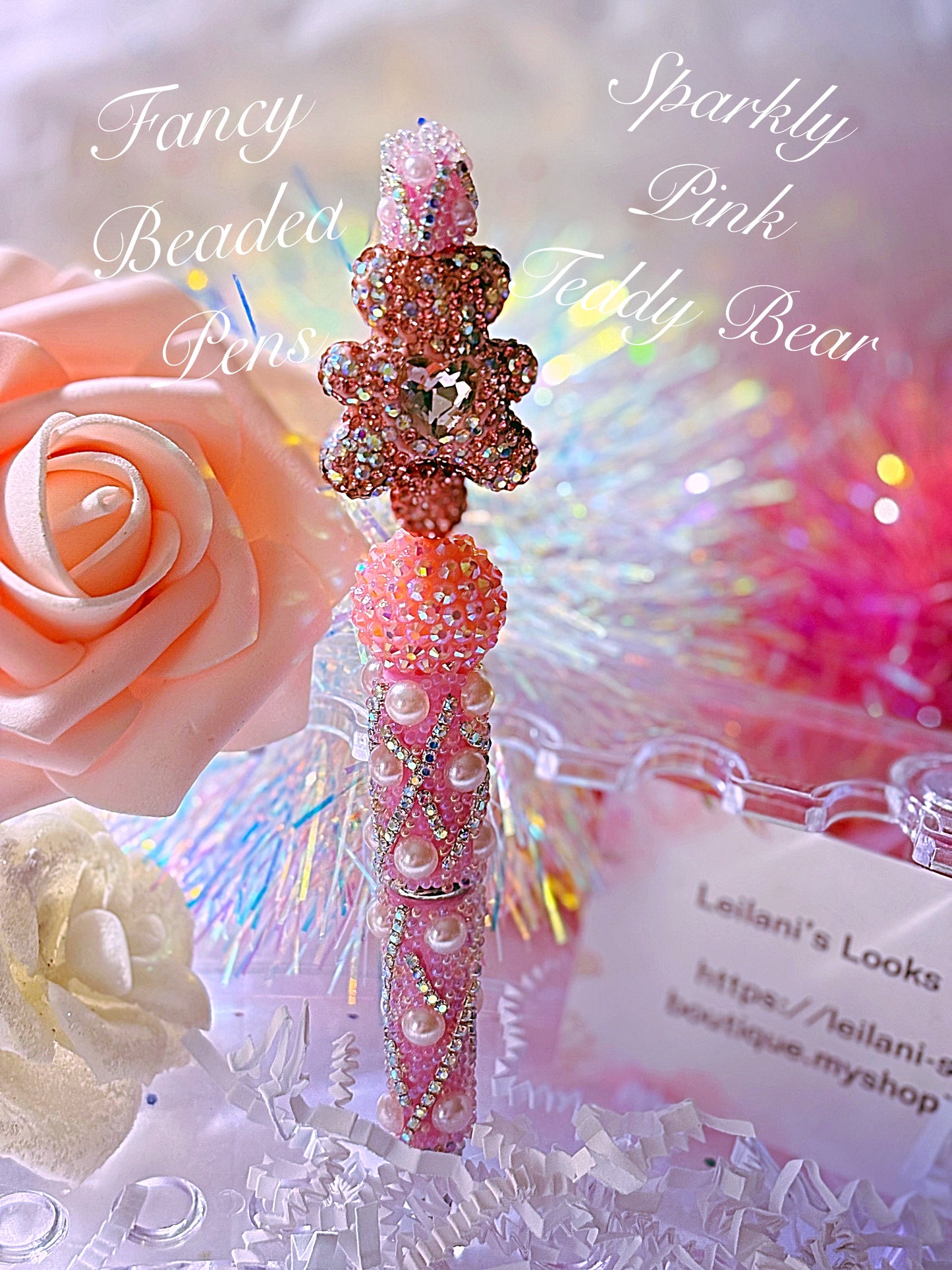 Sparkly Pink Beaded Pen/rhinestone Bear/gift ideas/pearl pink pen/
