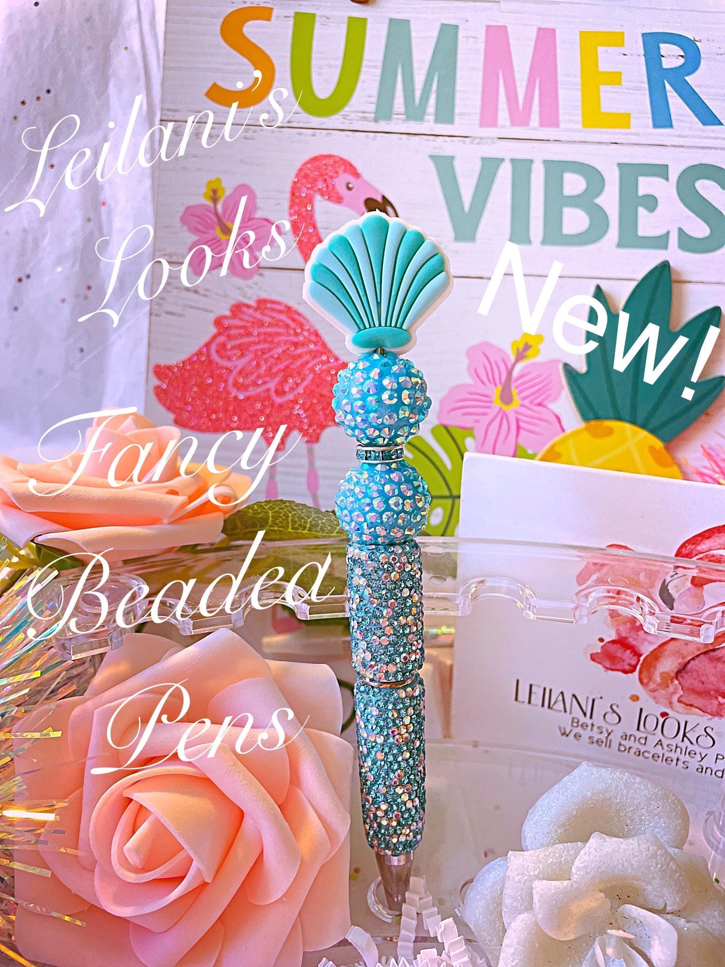 Beaded Pens seashell , Fancy pens, Acrylic beads, rhinestones pens, journal pens, gift ideas, tropical pen